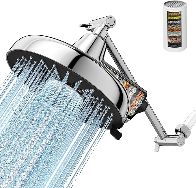 Filtered Shower Head with Extension Arm - EMBATHER 8 Inch High Output Showrhead with 3 Spray Settings, 18 Stage Filter for Hard Water, 11