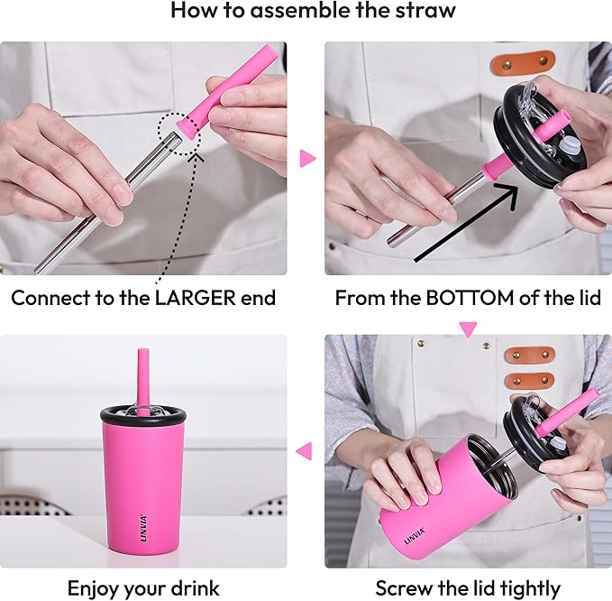 Candy Tumbler, 20 oz Kids Insulated Stainless Steel Water Bottle with Spill Resistant Silicone-Metal Straw and 2-in-1 Lid, BPA-Free, Cup Holder Friendly, Dishwasher Safe, Hot Pink