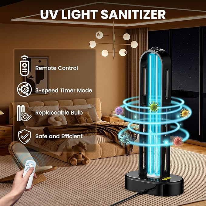 2 Pack UV Light Sanitizer, Ultraviolet Lamp with Remote Control for Bed Bugs and Dust Mites, Home Disinfection Device UV Lamp for Home, Room & Kitchen, Ultraviolet Light with 3 Speed Timings