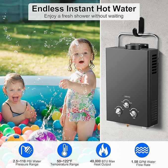 Outdoor Tankless Propane Water Heater 1.58GPM 6L Portable Gas Water Heater with Handle & Overheating Protection, Instant Hot Water for Camping RV Cabin Boat Barn - Black