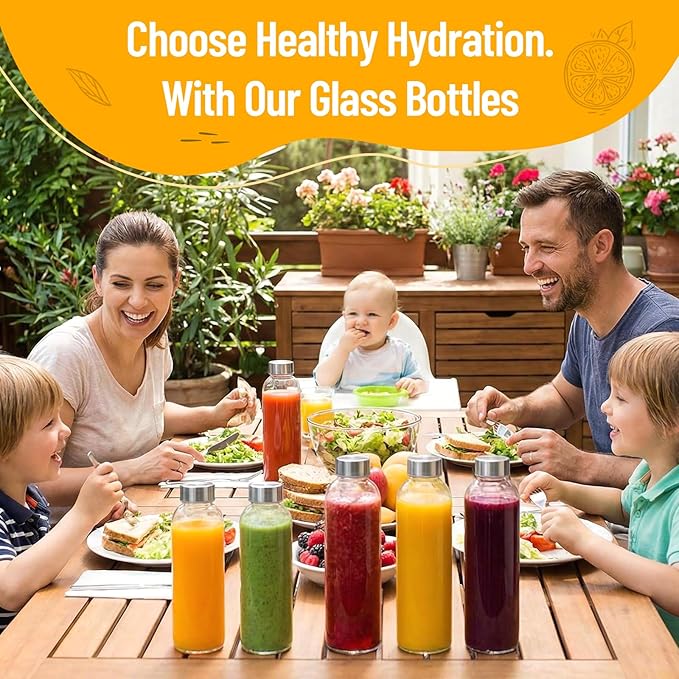 24 oz Clear Glass Bottles with Lids, Reusable Glass Water Bottles with Stainless Steel Cap for Juicing, Refrigerator,100% Leak Proof, BPA Free, Juice Water Bottle Set of 6