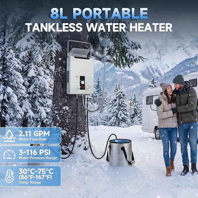 Propane Tankless Water Heater Outdoor, 2.11 GPM 8L, Portable Gas Water Heater with Handle and Digital Display, Instant Hot Water for RV, Cabin, Pet Bathing, Camping