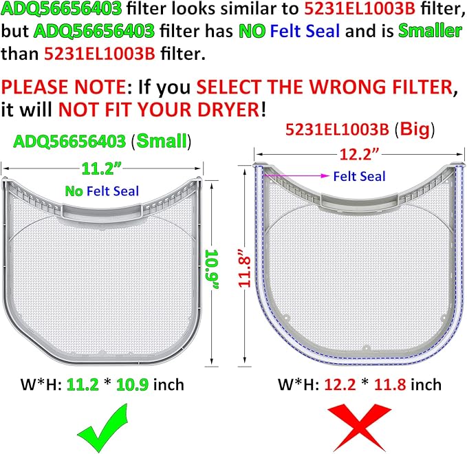 ADQ56656403 Lint Filter Replacement for LG Dryers and WashTowers, Rim without Felt Seal, Ultra Durable Lint Screen Trap with Dryer Vent Lint Brush - AquaVibe