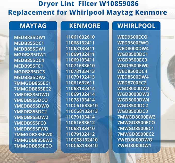 W10859086 Dryer Lint Screen Filter with Dryer Lint Brush Replacement for Whirlpool Maytag Kenmore Dryer Replaces 4378144 W10608811 W10701353 AP5999318 PS11731421 EAP11731421 MEDB835DW4 MEDB835DW3