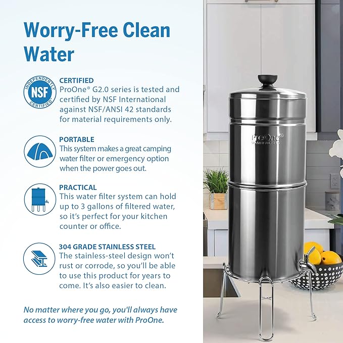 ProOne Big+ Gravity Water Filter System High Capacity Countertop Stainless Steel Water Filter Dispenser IAPMO Certified to Reduce Lead, Total PFAS, Microplastics, Chlorine Taste & Odor, 2 Pack Filter