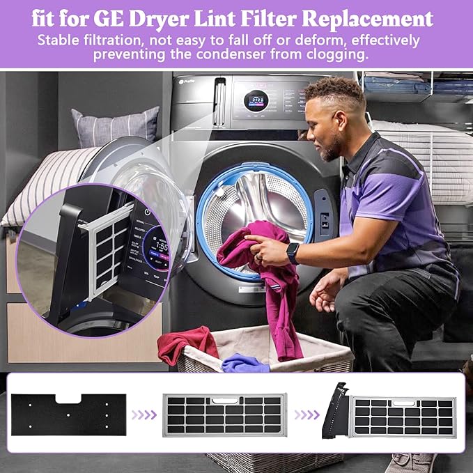 WH01X35719 Lint Filter Compatible with Ge Profile Washer Dryer Combo Foam Filter for PFQ97HSPV0DS Combo Washer Dryer Filter with Lint Brush (1 Long Handled Brush & 1 Full Bristle Brush)- 4 Pack