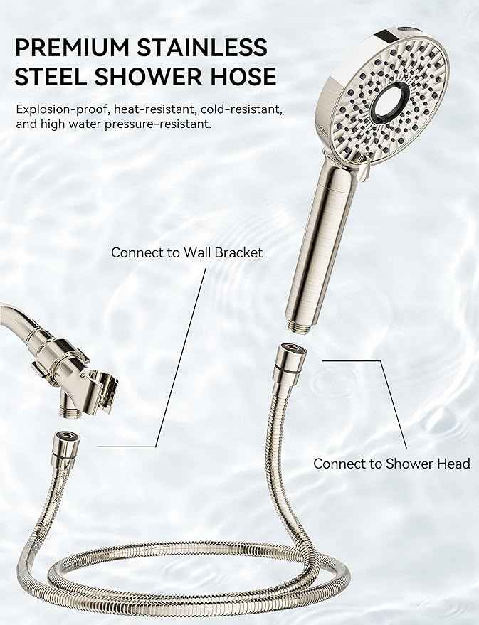 Filtered Shower Head with Handheld, High Pressure 10-Spd Detachable Chrome Showerhead with Stainless Hose, Water Softener Filter Beads for Hard Water - Remove Chlorine, Brushed Nickel-Silver
