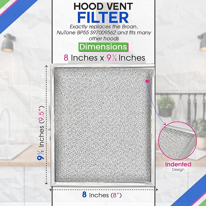 Bagean Stove Hood Vent Filter 8" x 9.5" BP55 Compatible with Broan Range Hood Filter Replacement and NuTone Kitchen Exhaust Fan - Aluminum Screen Blocks Grease & Filters Over Oven Air (2-Pack) - AquaVibe