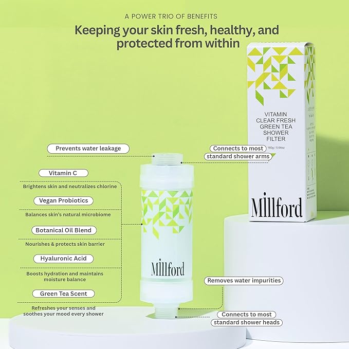 Vitamin C Shower Filter - Korean Purifier for Hard Water, Removes 99% Chlorine & Impurities, Natural Shower Infuser Detox, Deep Cleansing for Skin & Hair Hydration Boost (Green Tea Scent)
