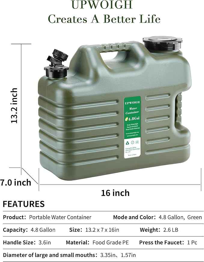 5 Gallon Water Jug, Thickened Water Storage Overlanding Gear Containers, Camping Essential Truly Leak-Proof Green Water Tank,BPA Free Portable Emergency Water Can for Outdoors Hiking RV