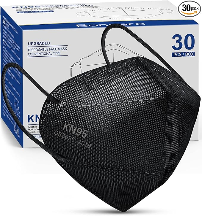 Boncare KN95 Face Mask 30 PCs, 5-Layer Black Face Mask for Men & Women Filter Efficiency≥ 95%, Breathable and Comfortable, Black - AquaVibe