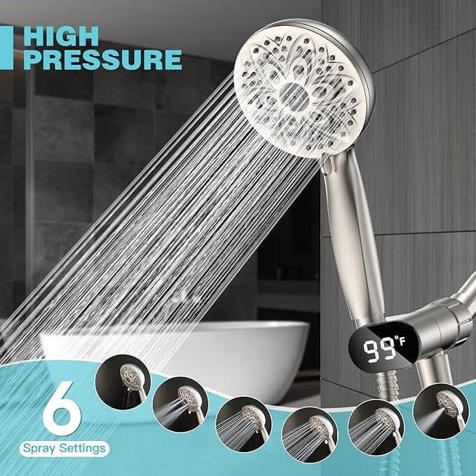 Handheld Showerheads with LED Display Temperature - JDO High Flow Showerhead with 6 Different Shower Modes - High Pressure even at Low Water Pressure - for Pet Bathing and Baby Care