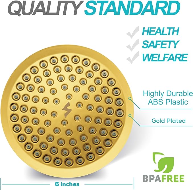 SparkPod Shower Head - High Pressure Rain - Premium Quality Luxury Design - 1-Min Install - Easy Clean Adjustable Replacement for Your Bathroom Shower Heads (Egyptian Gold, 6 Inch Round) - AquaVibe