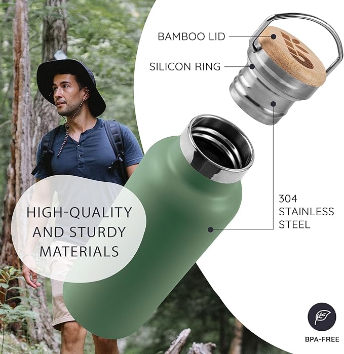 Bambaw 24 oz Insulated Water Bottle, Double Wall Metal Water Bottle Stainless Steel, Refillable & Reusable, Easy to Clean, Durable & Lightweight, For Hot & Cold Drinks (Sage Green)