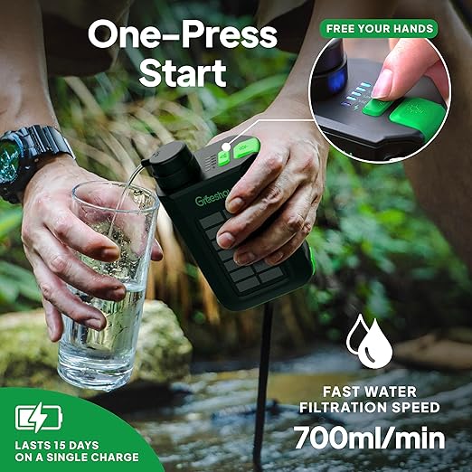 Greeshow Electric Water Filter, 0.01 Micron Survival Filtration System with Solar, Hand Crank Charger & LED Flashlight | Portable Pump for Camping Gear, Hiking & Emergency Kits