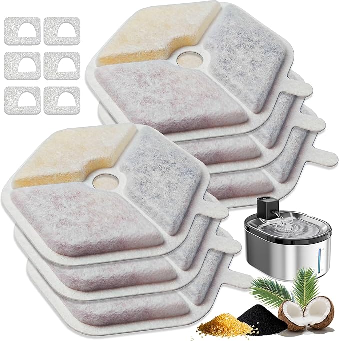 6+6 Pcs Cat Water Fountain Filters Replacement Compatible with Smartoo 152oz/4.5L Wireless Cat Fountain, Pet Water Fountain Filter with Pre-Filter Sponges