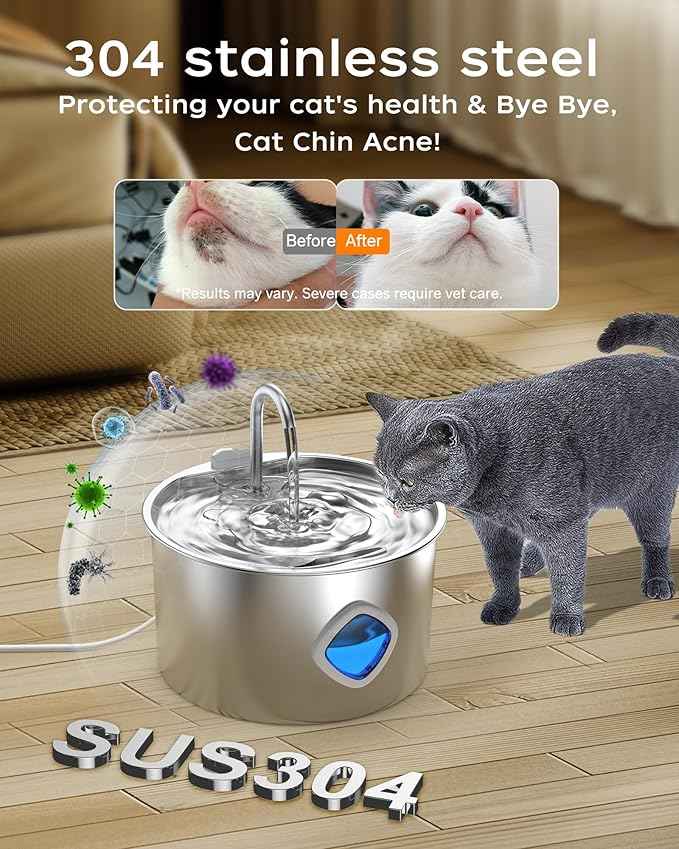 Cat Water Fountain Stainless Steel - 108oz/3.2L Pet Gift Dog Water Dispenser Automatic Silent Cats Dispenser for Drinking Indoor Metal Kitty Spout Fountains with 8 Filters + 8 sponges