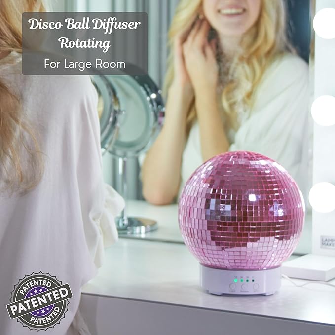 SCANDINORDICA Disco Ball Diffuser Rotating - 300 ML Essential Oil Diffuser with Whisper Quiet Operation, Night Lights, Cute Maximalist Disco Ball Decor | Aromatherapy Diffuser for Large Room Pink