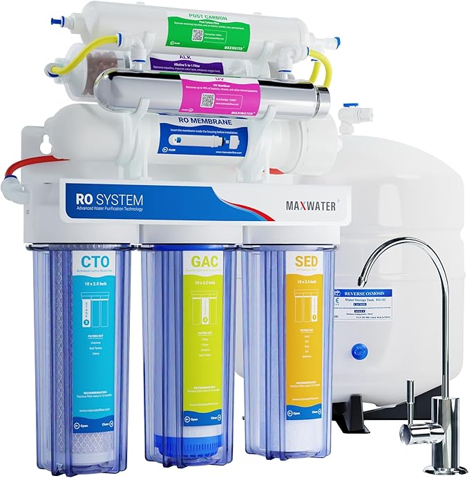 Max Water 11 Stage 50 GPD (Gallon Per Day) RO (Reverse Osmosis) + U - V & pH Alkaline (5 in 1) Under Sink Water Filter System for Drinking