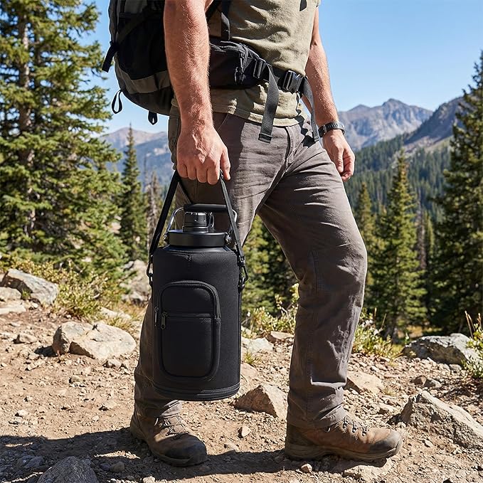 Insulated Gallon Jug with Handle, One Gallon, 128oz Stainless Steel, Large Double Vacuum Water Bottle for Cold Drinks, Wide Mouth, Sweat Proof, Carrier bag, Great for Travel, Camping, Black