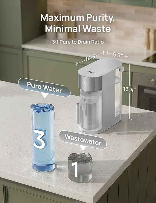 DREO Reverse Osmosis Water Filter Countertop, RO Filtration System, 3:1 Pure to Drain, TDS & Filter Life & Autofill Pitcher, Installation-Free, Self-Cleaning Water Purifier, RO Water Filter 112 3L