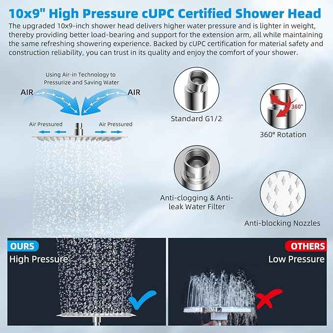 Hibbent All Metal cUPC Certified Rain Shower Head, 10'' High Pressure Rainfall Showerhead with 16" Shower Head Extension Arm, Solid Brass Adjustable Shower Arm Extender, fixed Showerheads, Chrome