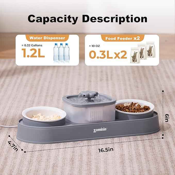 Cat Water Fountain and 2 Ceramic Food Bowls - 2 in 1 Ultra Quiet Automatic Pet Food and Water Bowl Set for Two Cats, Small Dogs, Gray (No Adapter)