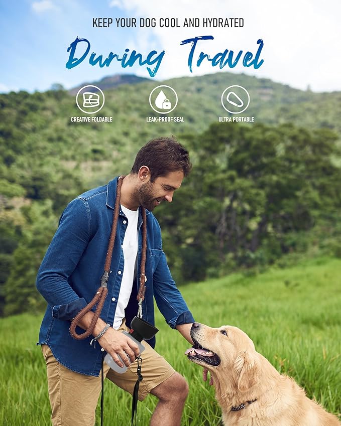 Lesotc Dog Water Bottle, Portable Water Dispenser with Bowl, Leak Proof Pet Travel Squeeze Bottle for On The Go, Puppy Essentials Dog Stuff Accessories for Walking, Hiking, Camping - AquaVibe