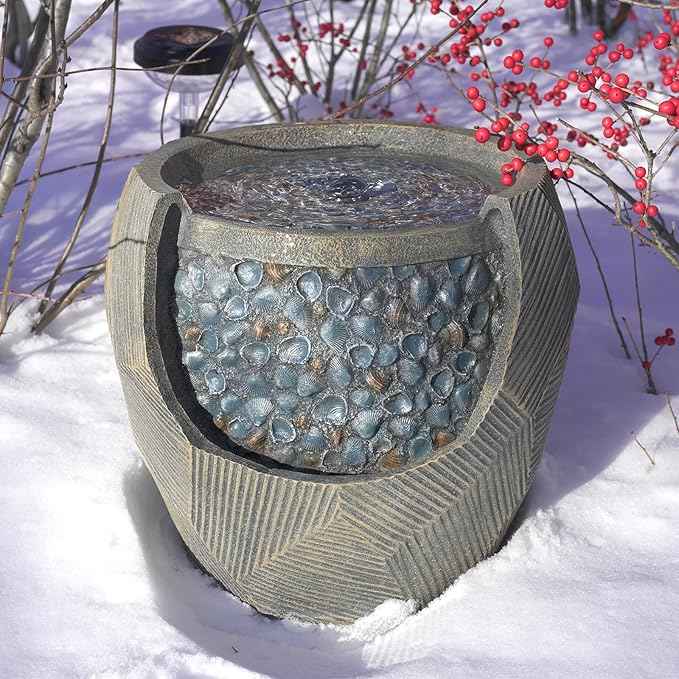 Kingsyard 13" Outdoor Water Fountain, Electric Resin Garden Waterfall with LED Lights, Quiet Outside Feature for Patio Porch Yard with Blue Seashell Decor