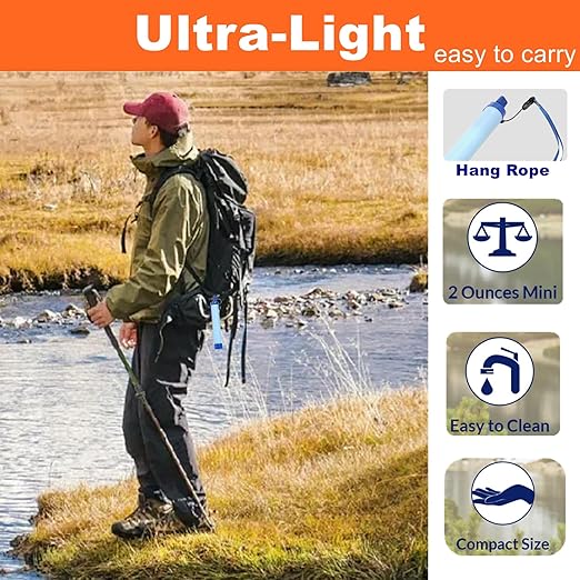 Personal Straw Water Filter, Emergency Preparedness Portable Water Filtration for Hiking Camping Fishing Hunting Outdoor Adventures Backpacking, 2.8mm Screw Bottom, Water Purifier Survival Gear