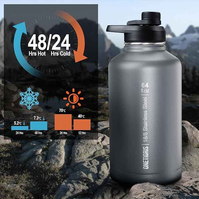 ONETIGRIS Tactical Half Gallon Water Bottle with Straw - 64 oz Vacuum Insulated Stainless Steel Water Jug, Leakproof Sport Bottle with 3 BPA Free Lids, Paracord Handle & MOLLE Water Pouch for Outdoor