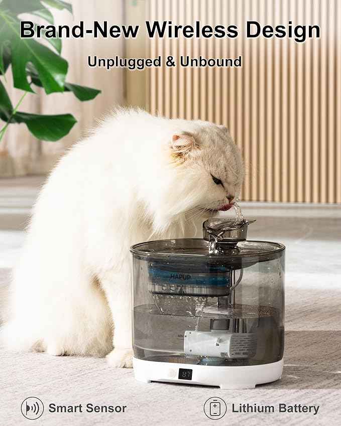 Battery Operated Cat Water Fountain Battery Operated Cat Fountain Cordless Pet Water Fountain for Cats Quiet Cat Fountains for Drinking with Sensor 73OZ by Charging Base Filters
