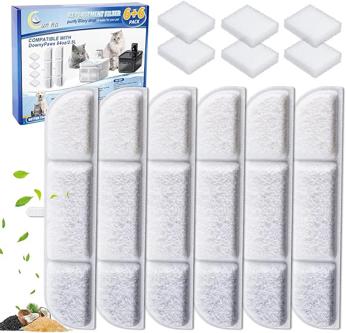 6 Packs Replacement Filters Compatible with DownyPaws Pet Wireless Cat Water Fountain 84oz/2.5L, Filter for Cat and Dogs Water Fountain DPWFP6(6 Filter +6 prefilter)