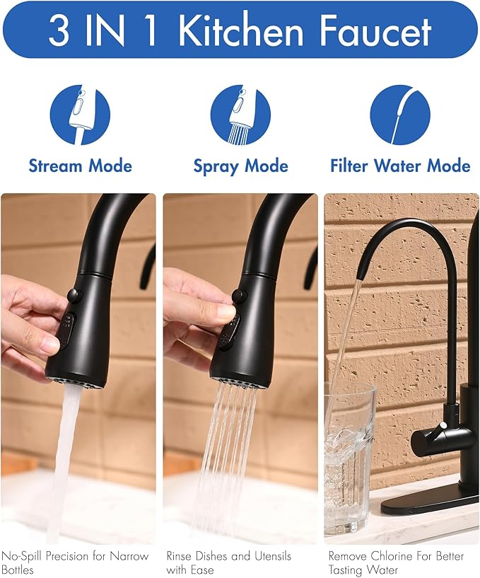 CENOSA 3 in 1 Black Kitchen Faucet with Sprayer Two Handle Kitchen Sink Faucet with Under Sink Water Filter System Reduces PFAS, PFOA/PFOS, Lead, Chlorine, Bad Taste & Odor