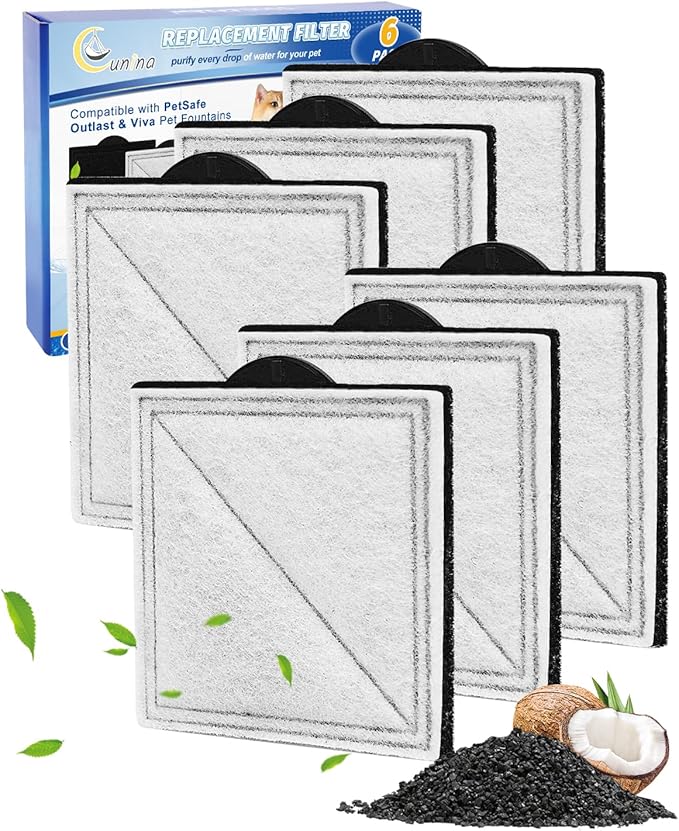6-Pack Cat Fountain Filter Replacement Compatible with PetSafe Outlast Pumpless Pet Fountains, Fit for Viva Cat Water Fountain Stainless Steel, Filters