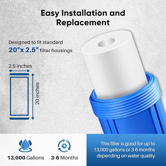PUREPLUS 20 Micron 20" x 2.5" Whole House Sediment Home Water Filter, 20-inch Sediment Pre-Filtration, Replacement Cartridge Aqua Pure AP110-2C, Pentek P1-20/SP-P1-20/PX01-20, Watts FPMB5-20, 4PACK