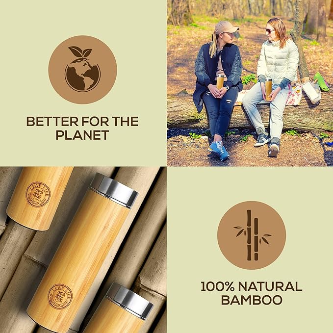 LeafLife Premium Bamboo Tea Bottle for Loose Tea - Tea Infuser Bottle - Tea Gifts - Insulated Water Bottle/Coffee Tumbler/Tea - Tea Gift Set, Tea Accessories - Tea Tumbler 22oz
