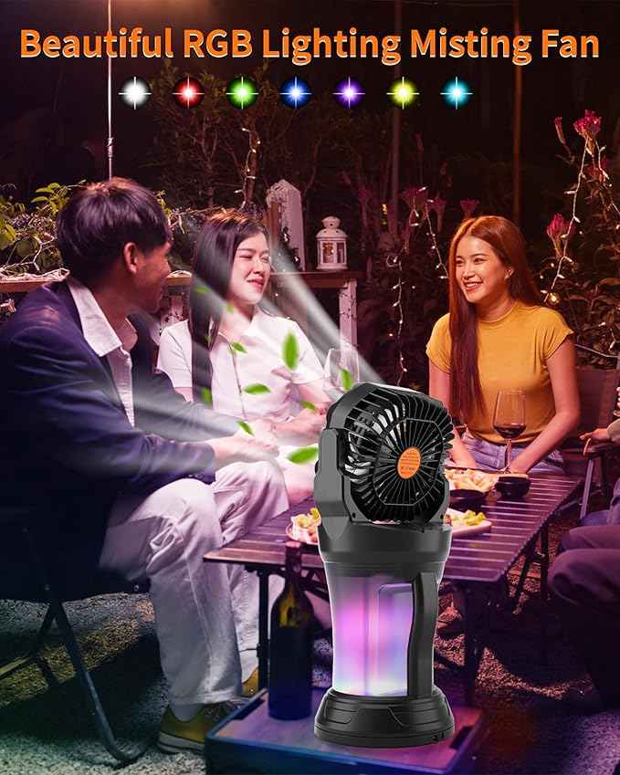 Portable Misting Fan with Large Battery Fan-Rechargeable Outdoor Misting Cooling Fans with 2L Water Tank,RGB Lights,4 Speeds & Spray Modes-for Patio, Camping, Beach, Workshop (Black)