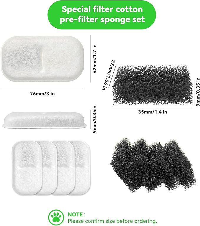 Cat Water Fountain Filter Replacement: 4 Carbon Filters & 4 Foam Sponges Kitty Spout Pump Filters for 108Oz/3.2L & 67Oz/2L Stainless Steel Pet Water Dispenser Cat/Dog
