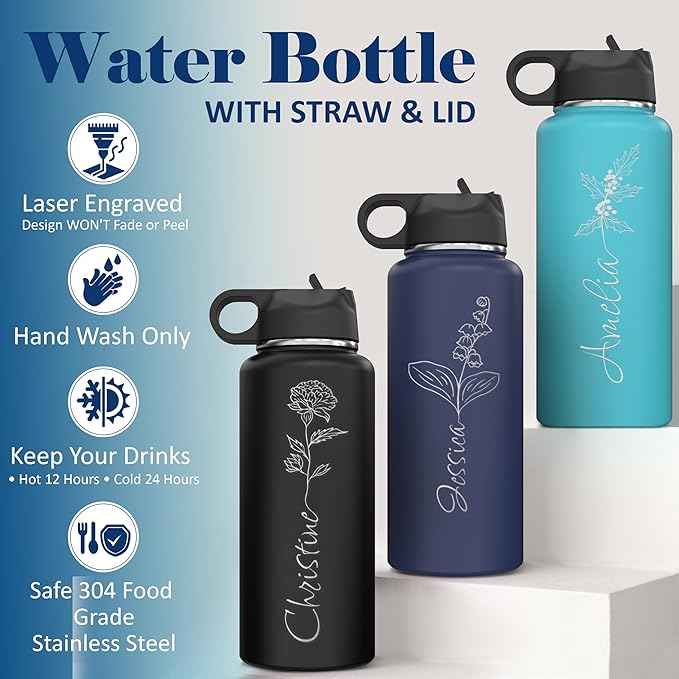 Custom Personalized Birth Flower Your Name Vertical Insulated Stainless Steel Water Bottle with Flip Top Lid & Straw Gift for Her 32 oz.
