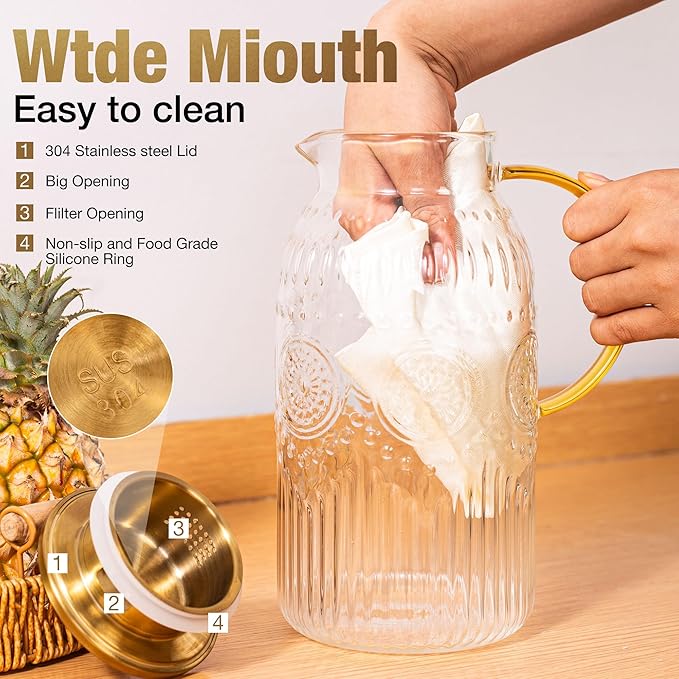 Amzcku Glass Pitcher with Lid, 68 oz/ 2 Liter Vintage Water Pitcher,Glass Water Carafe for Cold Brew, Coffee, Lemonade, Iced Tea,Beverage, Heat Resistant Water Glass Jug 1Pack