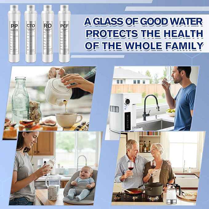 4 Pack Water Filter Replacement Compatible with Bluevua RO100ROPOT, Water Filters Set, 1 PP, 1 CTO, 1 RO, 1 PCF, Improved Drink Quality, Easy to Replace for Household Daily Use