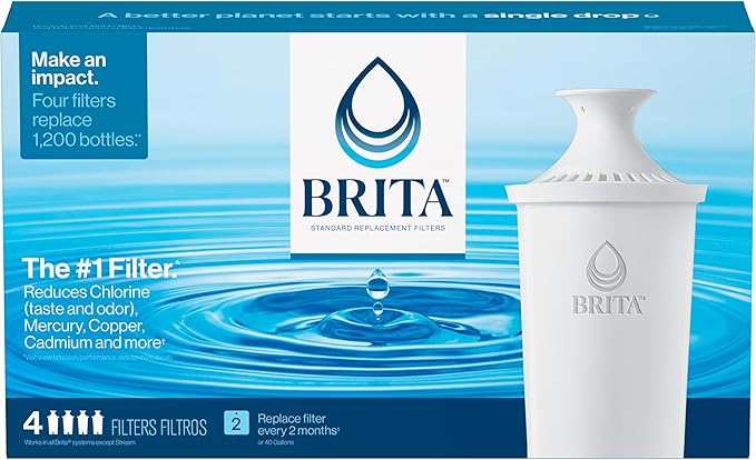 Brita Standard Water Filter for Pitchers and Dispensers, BPA-Free, Reduces Copper, Cadmium and Mercury Impurities, Lasts Two Months or 40 Gallons, Includes 4 Filters for Pitchers