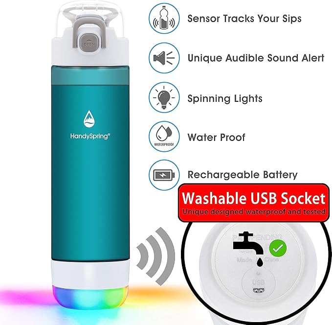 Smart Water Bottle with Reminder To Drink Water, Lights And Sound, Water Intake Tracker, Rechargeable, Tritan Plastic, Spout Hydrate Glow Bottle 26 Oz, Smart Hydration Reminder (Green)