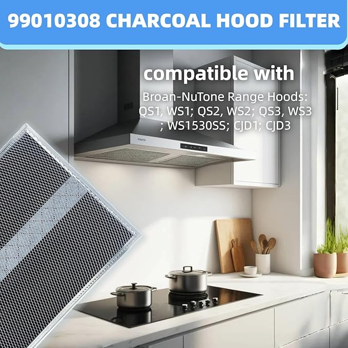 S99010308 Carbon Replacement Filter compatible with Broan QS WS BPSF30 GE: WB02X10707 NON-Ducted Range Hood Charcoal Filters 10.8" X 13.3" (2-Pack)