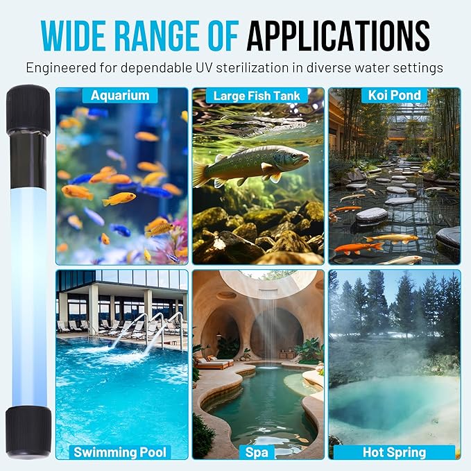 13W UV Water Sterilizer with 9.84 ft Cable for up to 300 Gallon Aquariums, Ponds & Pools - Professional UV Clarifier for Green Water Control in Koi Ponds, Fish Tanks, Spas & Cold Plunge
