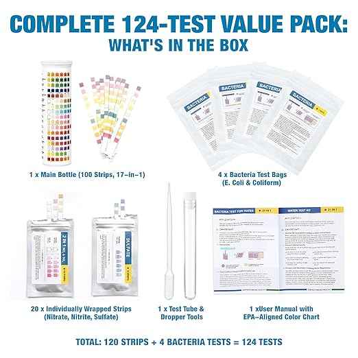 21-in-1 Drinking Water Test Kit for Tap & Well - 120 Strips + 4 Bacteria Tests. Home Water Quality Tester for Lead, Iron, pH, Hardness, Fluoride, Copper, Nitrate. EPA Standard