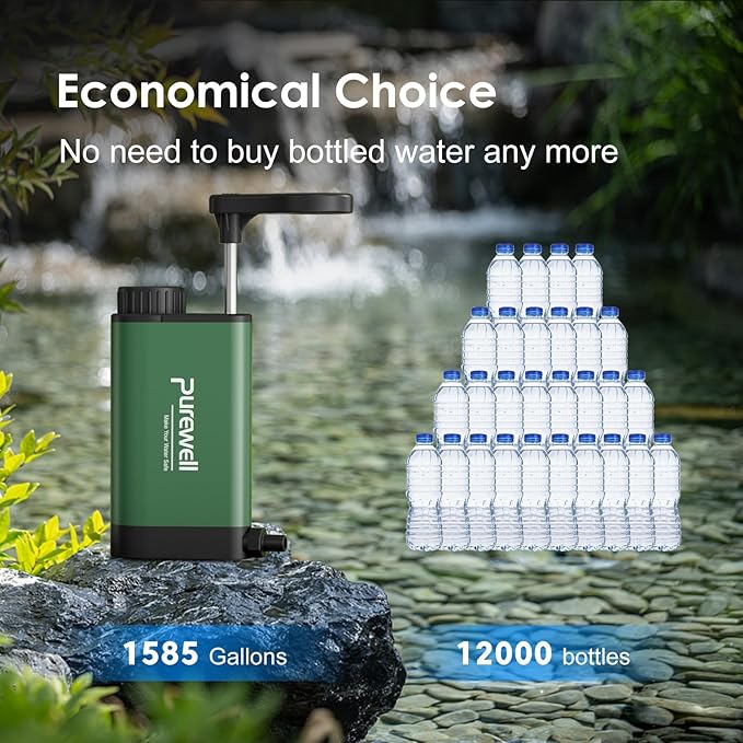 Purewell Water Purifier Pump with Replaceable Carbon 0.01 Micron Water Filter, 4 Filter Stages, Portable Outdoor Emergency and Survival Gear - Camping, Hiking, Backpacking