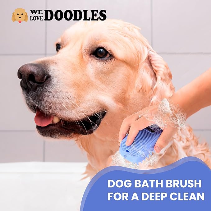 Bath Brush for Pet Grooming & Massage - Rubber Scrubbing Brush for Showers, Ideal for Long & Short Haired Dogs and Cats, Essential Puppy Accessory, Long Pins [We Love Doodles] - AquaVibe