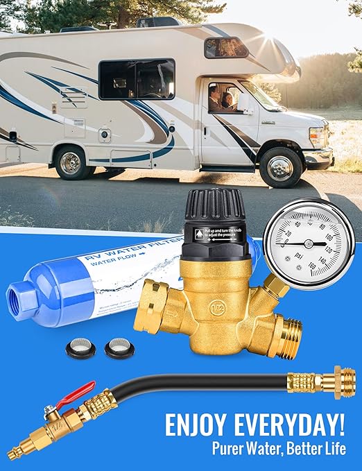 RV Water Pressure Regulator Kit, RV Fresh Water Kit All-in-One Sprinkler Blowout Adapter, Inline Water Filter, Hose Splitter, Brass Elbow, Flexible Connector, Hose Quick Connects, Leak Repair Kit